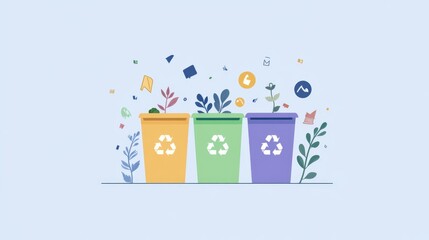 Minimalist flat design recycling icon featuring colorful bins and abstract shapes in pastel colors