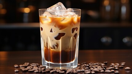 A glass of cold, refreshing iced coffee with ice cubes and cream on top, sitting atop the bar counter. 