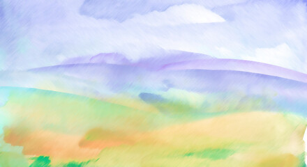 Fototapeta premium Watercolor blurry abstract background. The outlines of a field, sky, hill, mountain. Summer, country landscape, background for your design, banner Summer landscape background. Abstract splash 