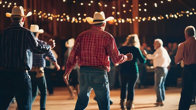 A group of cowboys line dance in a rustic setting, their boots hitting the floor in time with the music.