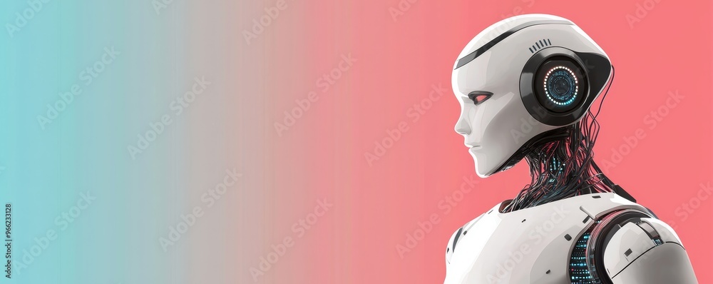Wall mural robot orchestrating a network of trading bots, depicted with simple geometric shapes and a streamlin