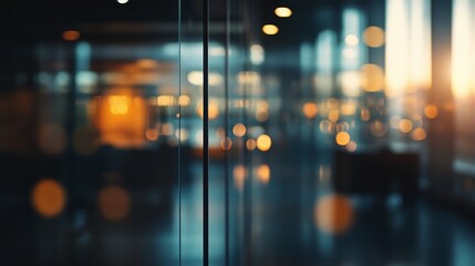 Blurred evening office space with bokeh lights creating a tranquil atmosphere for productivity