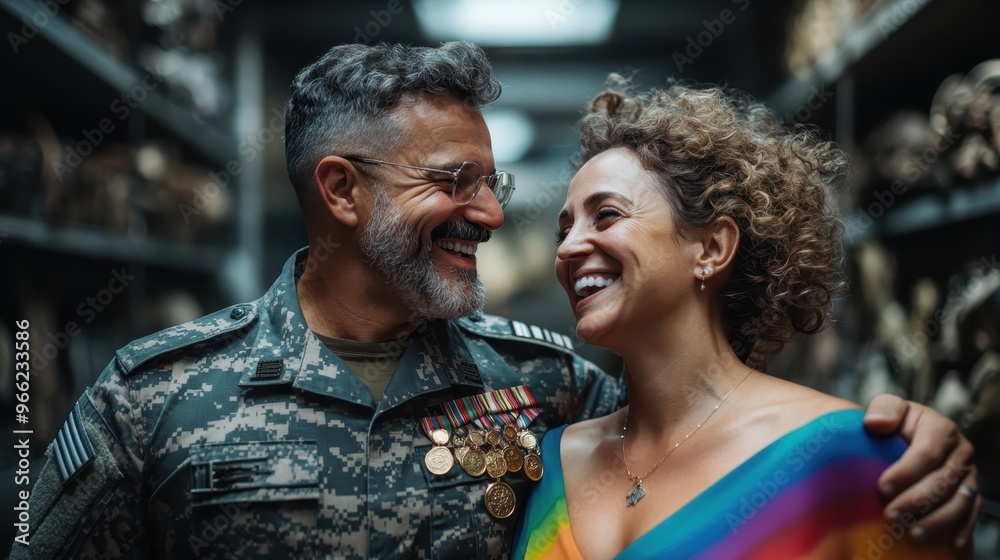 Wall mural A couple with the man in military uniform adorned with medals and the woman in colorful clothing, sharing a loving glance in a setting filled with military artifacts.