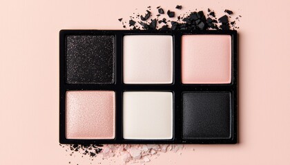 Six crushed eyeshadow palettes in shades of pink, black, white, and beige, textured and arranged neatly, perfect for beauty and makeup visuals