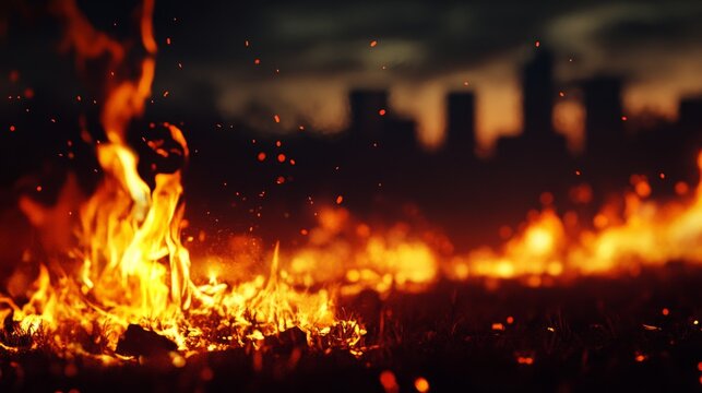A dramatic image of a burning fire in the foreground with an out-of-focus city skyline in the background. The fire symbolizes destruction, chaos, and the power of nature, while the city represents civ