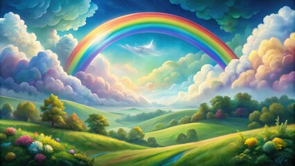 Obraz premium Bright rainbow arches stretch across the poetic and lush landscape.