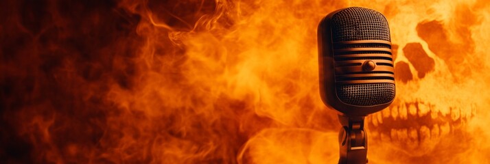 Halloween radio show banner design featuring a retro microphone and eerie elements