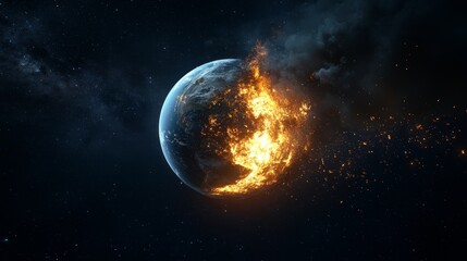 Fototapeta premium A fiery Earth engulfed in flames, symbolizing the destructive potential of climate change, global warming, environmental destruction, and the fragility of our planet. It serves as a powerful visual re