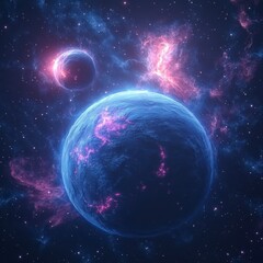 Obraz premium Blue and Pink Planet with Two Suns in Deep Space