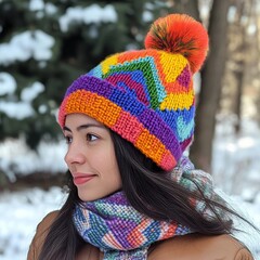 Vibrant knitted toque with geometric patterns worn in an urban winter setting