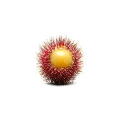 Rambutan with hairy shell and translucent flesh exposed in half Food and culinary concept
