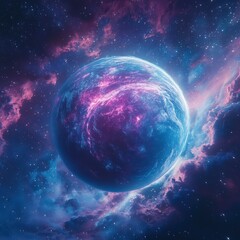 Obraz premium Blue and Pink Planet with Two Suns in Deep Space