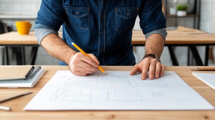 A focused entrepreneur leans over a large sheet of paper, sketching out ideas for a new business. The scene symbolizes creativity, planning, and the entrepreneurial spirit.