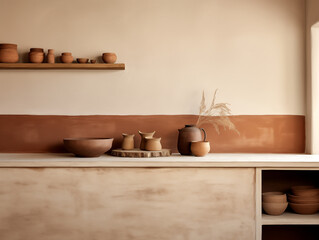 Wabi sabi and japandi japanese style rustic interior in in white, neutral and terracotta with wood, pottery and texture elements