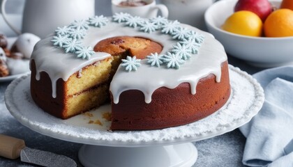 Gingerbread Cake with White Frosting and a Snowflake Decoration