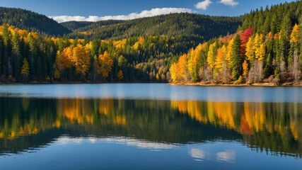Stunning autumn forest reflection on calm lake with vibrant foliage under clear blue sky in rural setting.