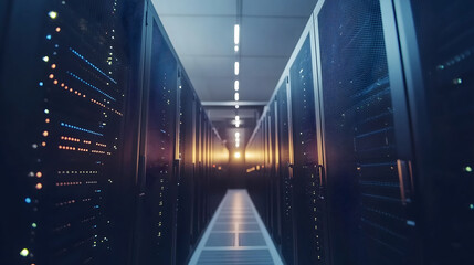 Server room data center corridor with flashing server racks