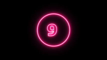 Glowing neon number 9 , neon light colorful number of illustration on black background.  Glowing neon lighting on dark background. Numbers futuristic style
