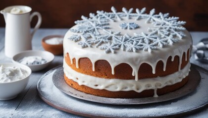 Gingerbread Cake with White Frosting and a Snowflake Decoration