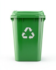 Hyper-realistic green plastic recycling bin icon on a seamless white background