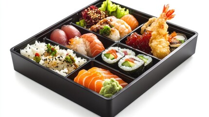 A traditional Japanese bento box with compartments filled with sushi, tempura, pickled vegetables, and rice, presented on a clean, white background for a classic look
