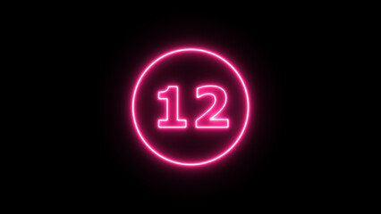 Glowing neon number 12 , neon light colorful number of illustration on black background.  Glowing neon lighting on dark background. Numbers futuristic style