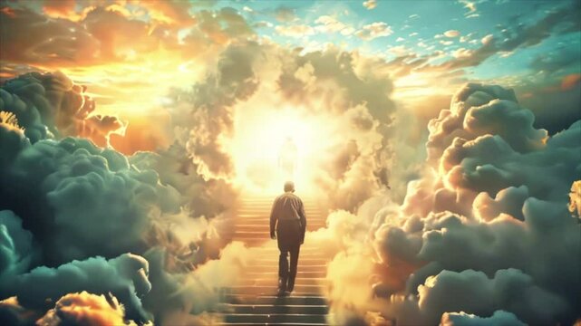 Old man walking up the stairs among clouds in the sky to shining bright light symbolizing heaven or Christian paradise. Life end and time passing concept