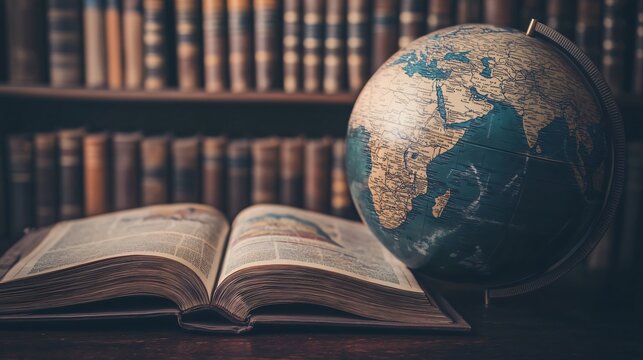 Vintage globe resting near open book on desk in library