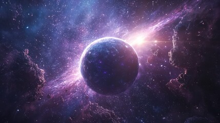 Obraz premium Blue and Pink Planet with Two Suns in Deep Space