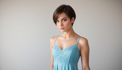Obraz premium Stylish Woman with Short Haircut Wearing a Dress