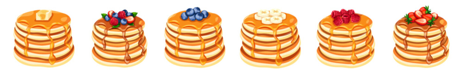 Set of yummy pancakes covered with chocolate and honey in a cartoon style.Vector illustration of pancakes with berries,butter:blueberries,strawberries,raspberries,bananas isolated on white background.