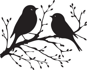  two birds sitting on branch silhouette design vector art illustration