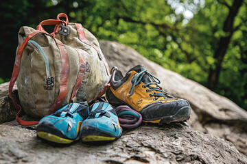 Climbing gear including chalk bag, climbing shoes, and backpack is displayed on rock, showcasing essentials for outdoor climbing adventures