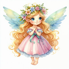 Cute cartoon fairy with wings on white background. AI