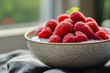 Fresh raspberries in a bowl, perfect for healthy snacks or desserts. Vibrant and delicious, ideal...