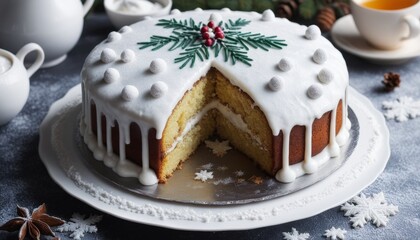 Christmas Cake with White Frosting and Green Pine Sprig Decoration