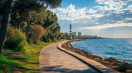 Obraz premium Vilanova i la Geltru, a Spanish town close to Barcelona, has a seaside walkway and a lighthouse. running route alongside the shore.