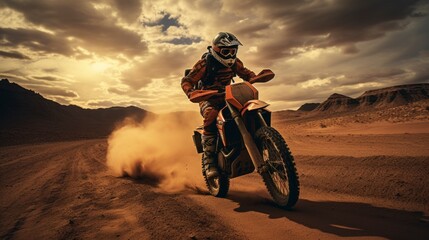  A motorcyclist wearing full gear rides a dirt bike through a desert landscape. The sun is setting, casting a warm glow on the scene