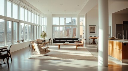A spacious, open-concept living area with minimalist decor, large windows allowing natural light, and a few carefully selected pieces of furniture