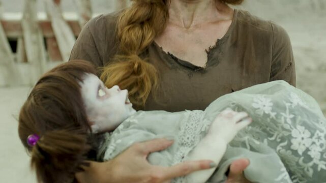 Disgusted zombie woman staring down at zombie doll in arms - close up