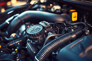 Fototapeta premium A close up of car engines air intake system showcases intricate details and high quality components, highlighting engineering behind automotive performance