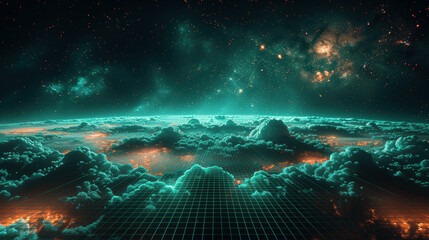 Obraz premium A digital landscape view of glowing clouds above an illuminated horizon in a cosmic setting at night