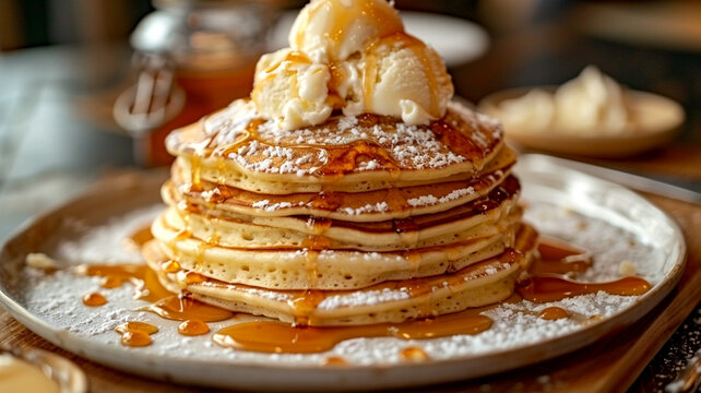 A stack of fluffy pancakes drizzled with syrup and topped with ice cream at breakfast