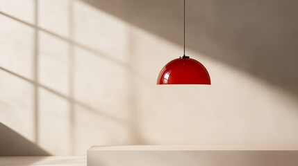 A minimalist pendant light featuring a sleek, red glass shade. The modern design adds a touch of sophistication to any contemporary space. The light casts a warm glow, creating a welcoming ambiance. T