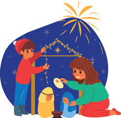 ilustración niños poniendo el nacimiento de navidad
