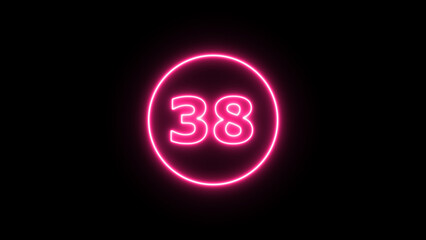 Glowing neon number 38 , neon light colorful number of illustration on black background.  Glowing neon lighting on dark background. Numbers futuristic style