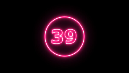 Glowing neon number 39 , neon light colorful number of illustration on black background.  Glowing neon lighting on dark background. Numbers futuristic style