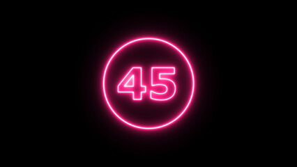 Glowing neon number 45, neon light colorful number of illustration on black background.  Glowing neon lighting on dark background. Numbers futuristic style