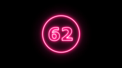 Glowing neon number  62, neon light colorful number of illustration on black background.  Glowing neon lighting on dark background. Numbers futuristic style