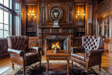 A luxurious home office featuring elegant leather chairs, wooden fireplace, and intricate woodwork. warm ambiance creates cozy and inviting atmosphere for work or relaxation